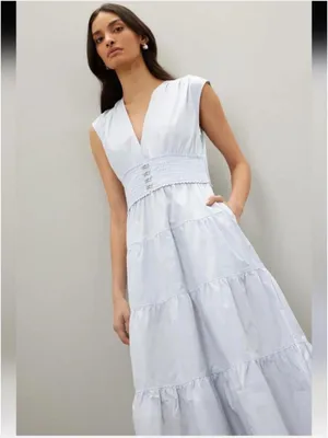 Derek Lam Light Blue Poplin V-Neck Tiered Midi Dress EUC US Size 4 MSRP $398 thumbnail 2