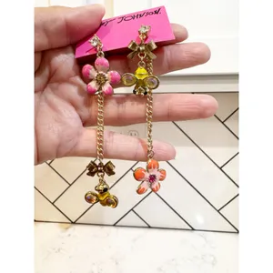 Rare Betsey Johnson mismatched bee flower bow drop earrings crystal accents thumbnail 3
