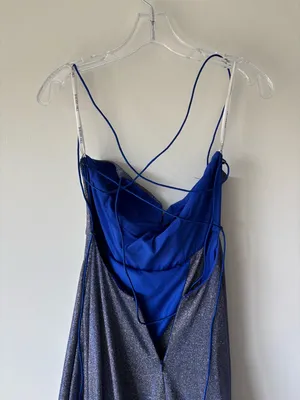 Sherri Hill Formal Royal Blue Silver Glitter Gown Criss Cross Back Prom Gala thumbnail 7