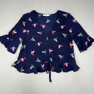 Elodie Bird Print Peplum Blouse Womens XS Navy Ruched Ruffle Cottagecore thumbnail 1