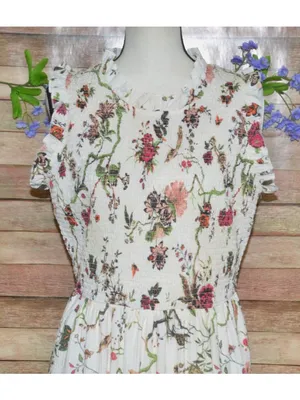 Cream Shabby Chic Floral Smocked Sleeveless Tiered Maxi Dress by Cato Size L thumbnail 2