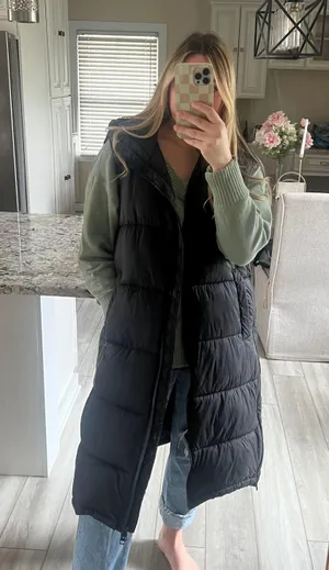 Zara Women's Black Long Puffer Vest Water Repellent Zip XL thumbnail 1