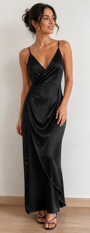 PrettyLittleThing Women's Black Satin Wrap Maxi Dress Size US 4 thumbnail 1