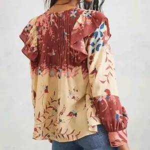 Othilia Blouse Red Cream Floral Ruffle Shoulder Pleated Boho Top Large thumbnail 2