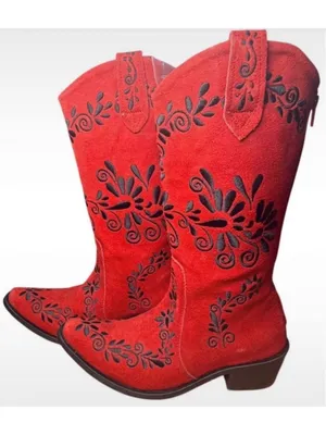 RARE Agave Sky Red Suede Embroidered Floral Western Cowgirl Boots Sz 6 Charro! thumbnail 3