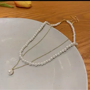 Double Pearl Collar Chain Necklace Gold thumbnail 1