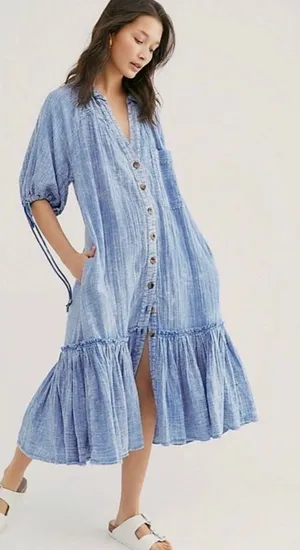 FREE PEOPLE Maya Midi Dress Blue Button Front Washed Look Bohemian Medium thumbnail 1