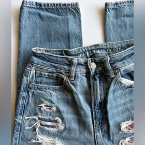 American Eagle Plaid Patchwork Distressed Mom Straight Jean thumbnail 2