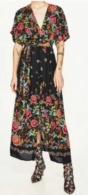 Zara Black Floral Print Boho Crossover Midi Dress Wrap Style Size XS thumbnail 1