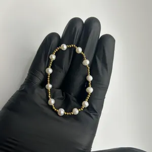 Womens Freshwater Pearl Gold Bead Stretch Bracelet 18k Plated Saphir Gift New thumbnail 1