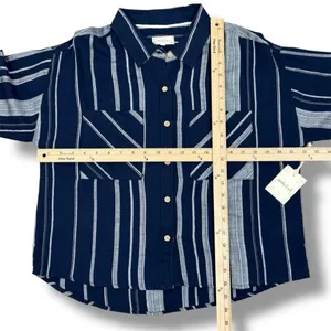 Sandy & Sid Striped Long Sleeve Button‎ Up Crop Shirt Blue White Large thumbnail 11