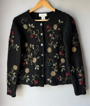 Vintage Susan Bristol Wool Black Floral Embroidered Cardigan Sweater thumbnail 1