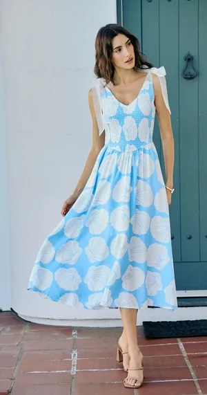 SO ME Shell Smocked Bodice Shoulder Tie Lined Midi Dress - Blue - Small‎ thumbnail 1