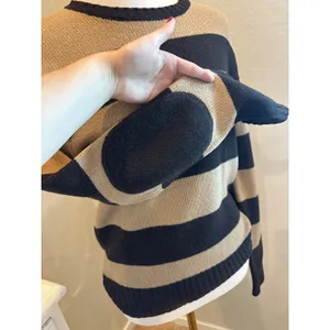 vintage 90s fall wool chocolate brown tan J.Crew Striped Sweater Elbow Patch Black thumbnail 3