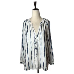 Rails Brielle Shirt Women Small White Blue‎ Wavy Stripe Linen Blend Tie Neck Top thumbnail 2