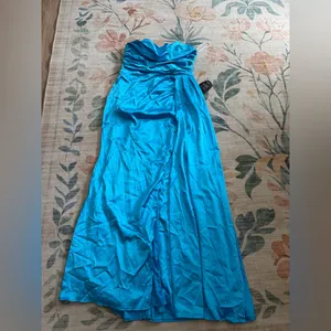 Lulus Ethereal Excellence Teal Blue Satin Pleated Strapless Maxi Dress thumbnail 6