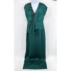 Aidan Mattox‎ Gown 8 Emerald Green Beaded Peplum V-Neck Maxi Slit Dress NWT thumbnail 2