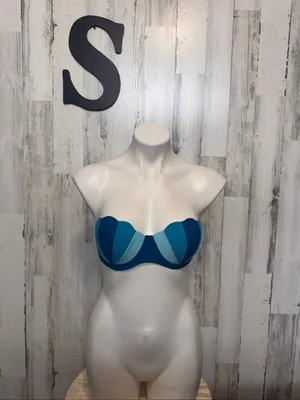 SheIn Blue Colorblock Scalloped Strapless Bikini Top Swimsuit Womens Small Push Up thumbnail 2