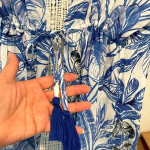 Blue Island Tropical Maxi Cover‎ Up Wmns M Blue White Coastal Crochet Lace Trim thumbnail 5