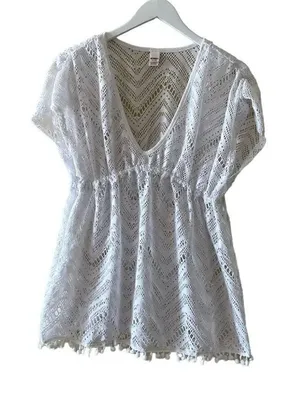 Bongo White Summer Overlay Beach V-neck Elastic Waist Kaftan Cover Up SZ XL thumbnail 1