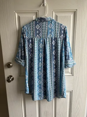 Biba Blue & White Geometric Blouse | Size 36/L thumbnail 2
