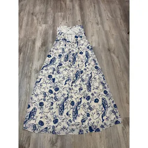 Abercrombie & Fitch Blue White Peacock Toile Maxi Dress XL Lace Up Back Slit thumbnail 6