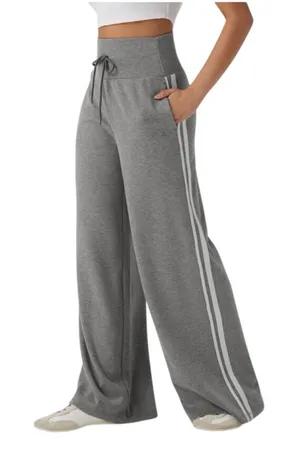 Ribbed High Waisted Tummy Control Drawstring Wide Leg Color Block Fleece Trouser thumbnail 1