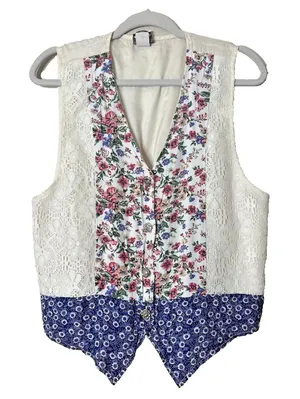 Vintage Patchwork Lace Vest M Cottagecore Boho Phoebe Grunge‎ Artsy Button USA thumbnail 1