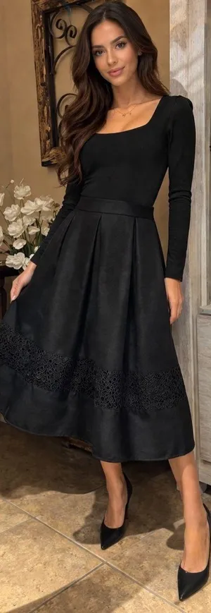 Express Women's Black Pleated Lined A-Line Midi Skirt Lace Floral Inset Size 8 thumbnail 1