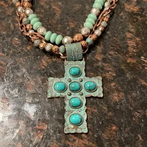 Handmade Costume jewelry Copper and turquoise colored cross and beaded necklace thumbnail 2