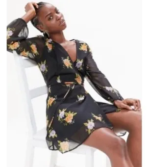Urban Outfitters Sheer Sleeve Black Floral Dress size XS thumbnail 2