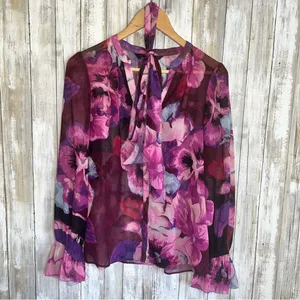White House Black Market Purple Floral Tie Neck Blouse •Small thumbnail 2