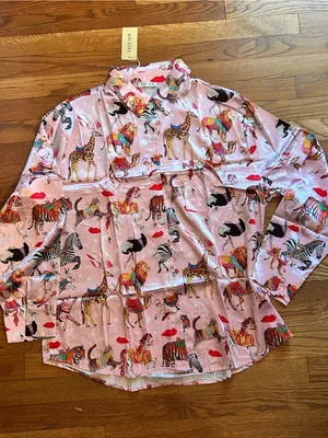 Ekouaer Pink Animal Print Satin Pajama Set XL thumbnail 2