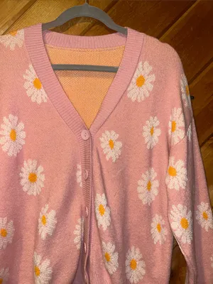 SheIn Hot pink Daisy floral print open front button cardigan sweater thumbnail 6