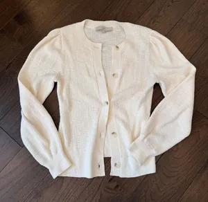 LOFT Cream Button-Front Puff-Sleeve Ribbed Sweater Cardigan Size Small - C54-144 thumbnail 1