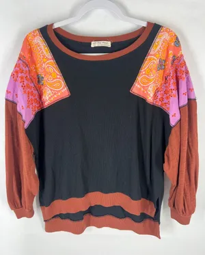 We The Free Patchwork‎ Boho Sweatshirt Small Embroidered Paisley Pullover thumbnail 1