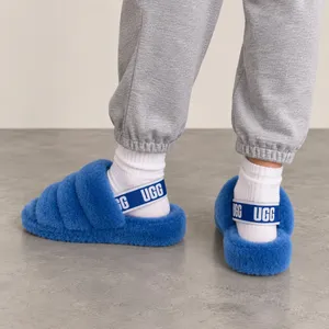 UGG Fluff Yeah Slides Royal Blue Sheepskin Platform Sandals Almost New Womens 7 thumbnail 2