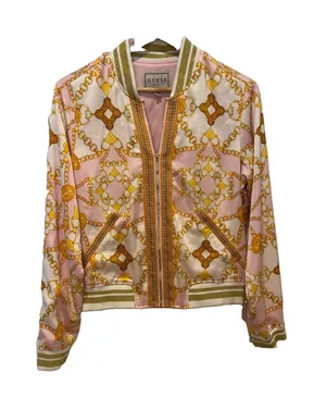 Vintage Guess Italian Maximalist Baroque Bomber Jacket Sz M Gold Chain Pink Zip thumbnail 1