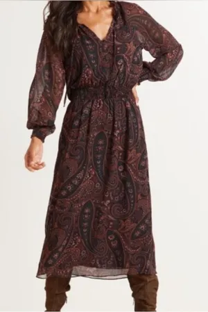 Allison Joy NWT Alexis Black Rust Pine Paisley Print Smocked Waist Midi Dress thumbnail 1