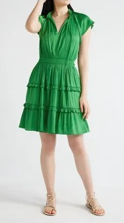 Scoop Womens Dress Size S Mint Green Satin Mini Ruffle Cap Sleeve Flattering thumbnail 1