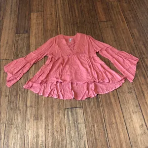 Coral Boho Crochet Lace Up V Neck Bell Sleeve Babydoll Hi Low Top Blouse Size S thumbnail 6