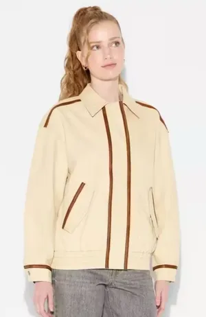 wild fable Cream Bomber Jacket with Brown Faux Leather Trim Medium NWT thumbnail 1