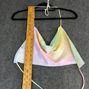 RESA Pastel Rainbow Tie Dye Cowl Neck Halter Top Shimmer Satin XS Made in LA Y2K thumbnail 6
