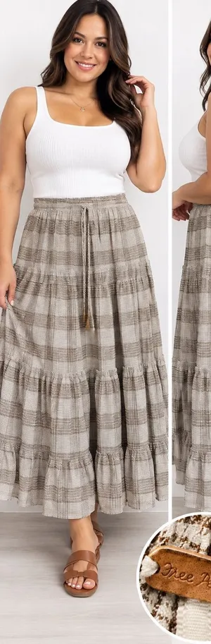 Free People Neutral Plaid Tiered Maxi Skirt thumbnail 1