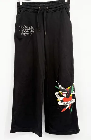 Ed Hardy Womens Black Retro Eagle Heart Tattoo Graphic Y2K Wide Leg Sweatpants S thumbnail 1