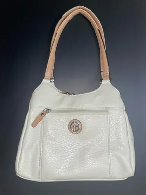 Giani Bernini Beige Tan Pebbled Faux Leather Purse Handbag Pockets Logo EUC thumbnail 1