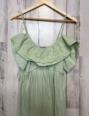 ZARA Green Eyelet Ruffle Maxi Dress Small Off Shoulder Cottagecore Summer thumbnail 1