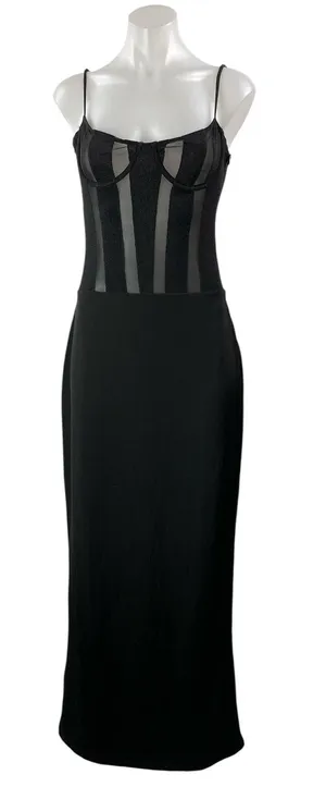 NEW Meshki Priya Black Mesh Sheer Bustier Corset Cami Sleeveless Maxi Dress L thumbnail 1