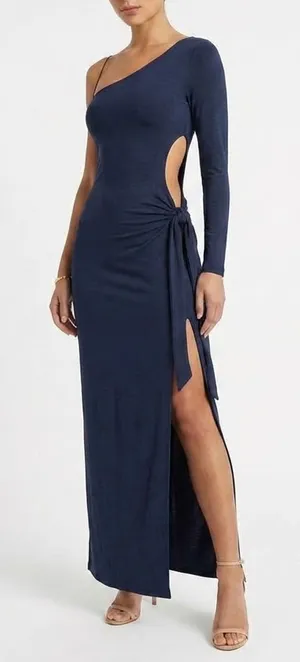 Naked Wardrobe Navy One Shoulder Maxi Dress Cutout Tie Detail Small thumbnail 1