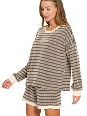 Raised Rib Striped Pullover & Shorts Set – Espresso Large thumbnail 2